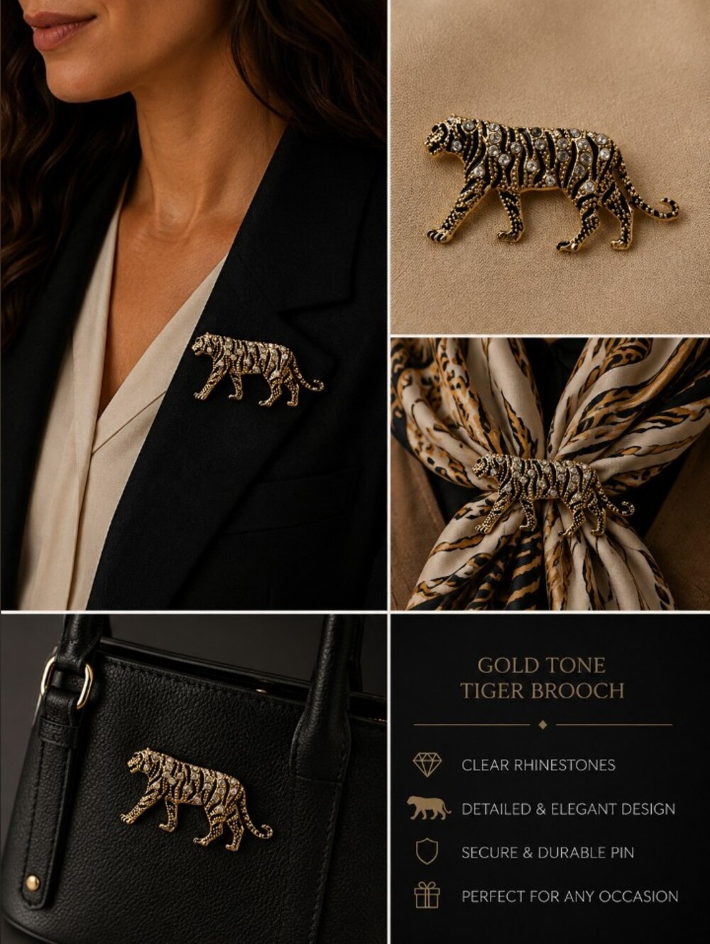 Gold Tone Tiger Brooch with Clear Rhinestones